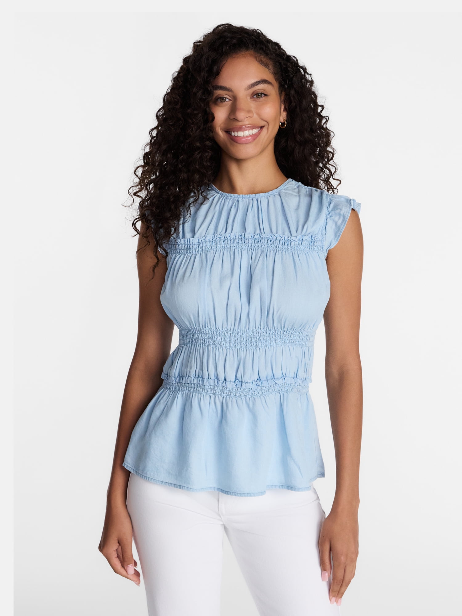 Time and Tru Women's Sleeveless Smocked Top with Ruffle Trim, Sizes XS-XXXL