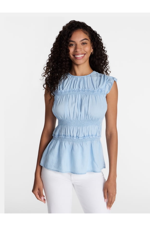 Women's Sleeveless Smocked Top with Ruffle Trim, Sizes XS-XXXL