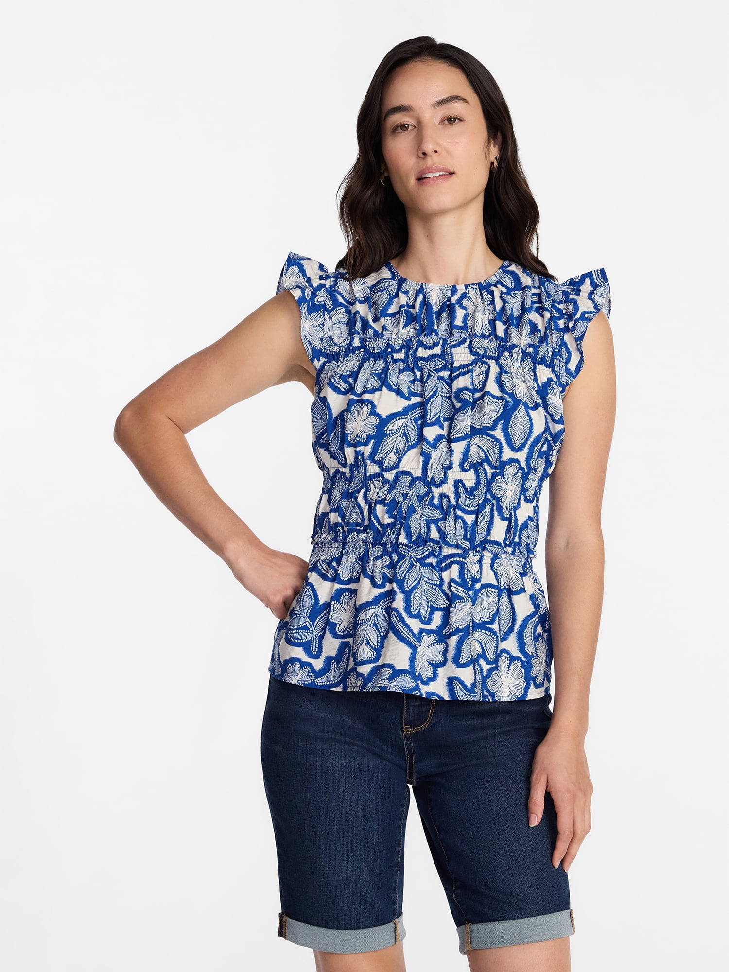 Time and Tru Women's Sleeveless Smocked Top with Ruffle Trim, Sizes XS-XXXL
