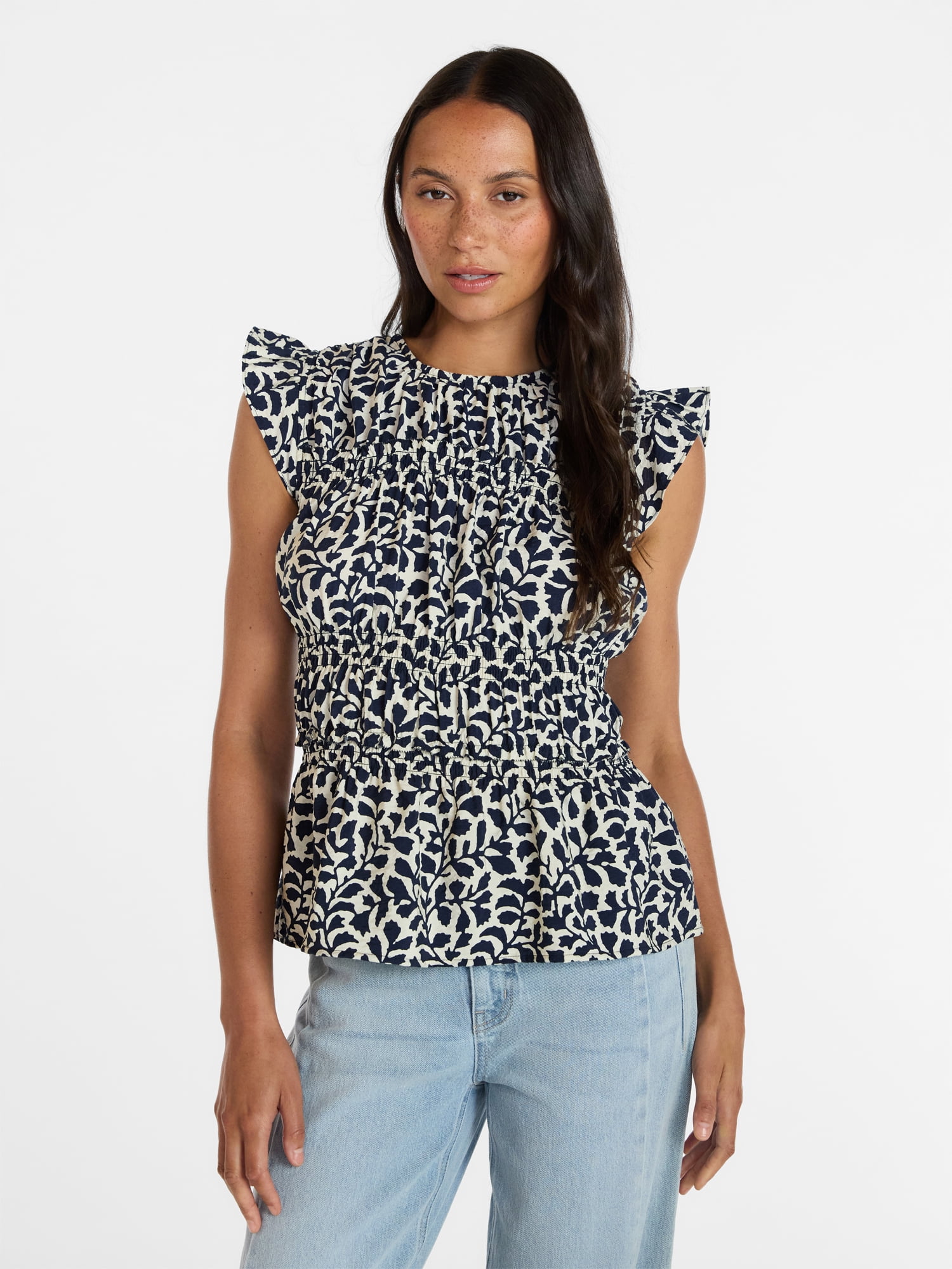 Time and Tru Women's Sleeveless Smocked Top with Ruffle Trim, Sizes XS-XXXL