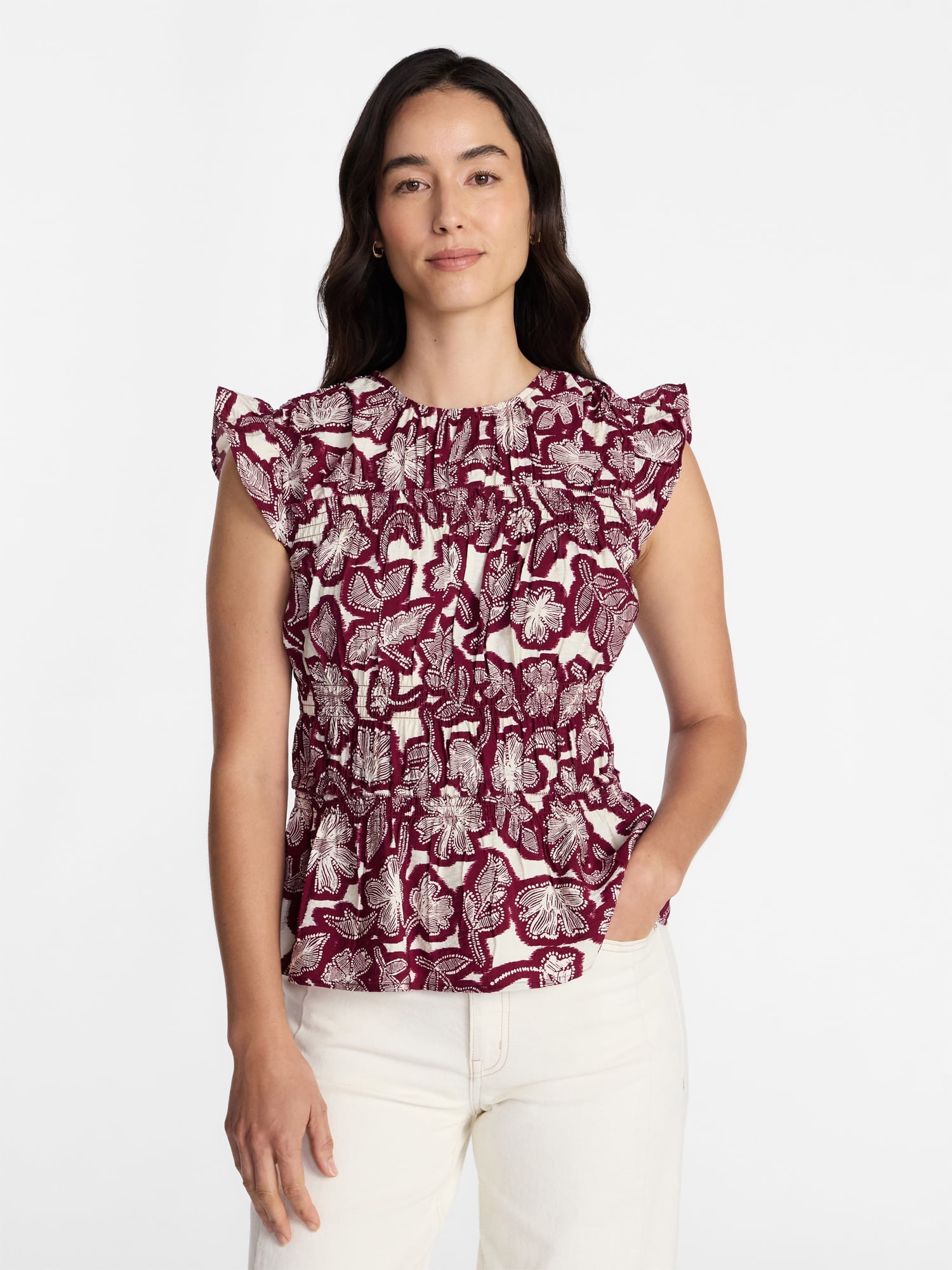 Time and Tru Women's Sleeveless Smocked Top with Ruffle Trim, Sizes XS-XXXL
