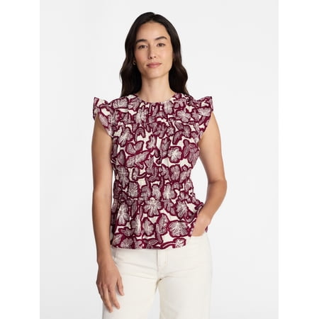 Time and Tru Women's Sleeveless Smocked Top with Ruffle Trim, Sizes XS-XXXL
