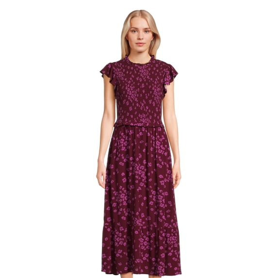 Time and Tru Women's Smocked Bodice Midi Woven Dress, Sizes XS-XXXL