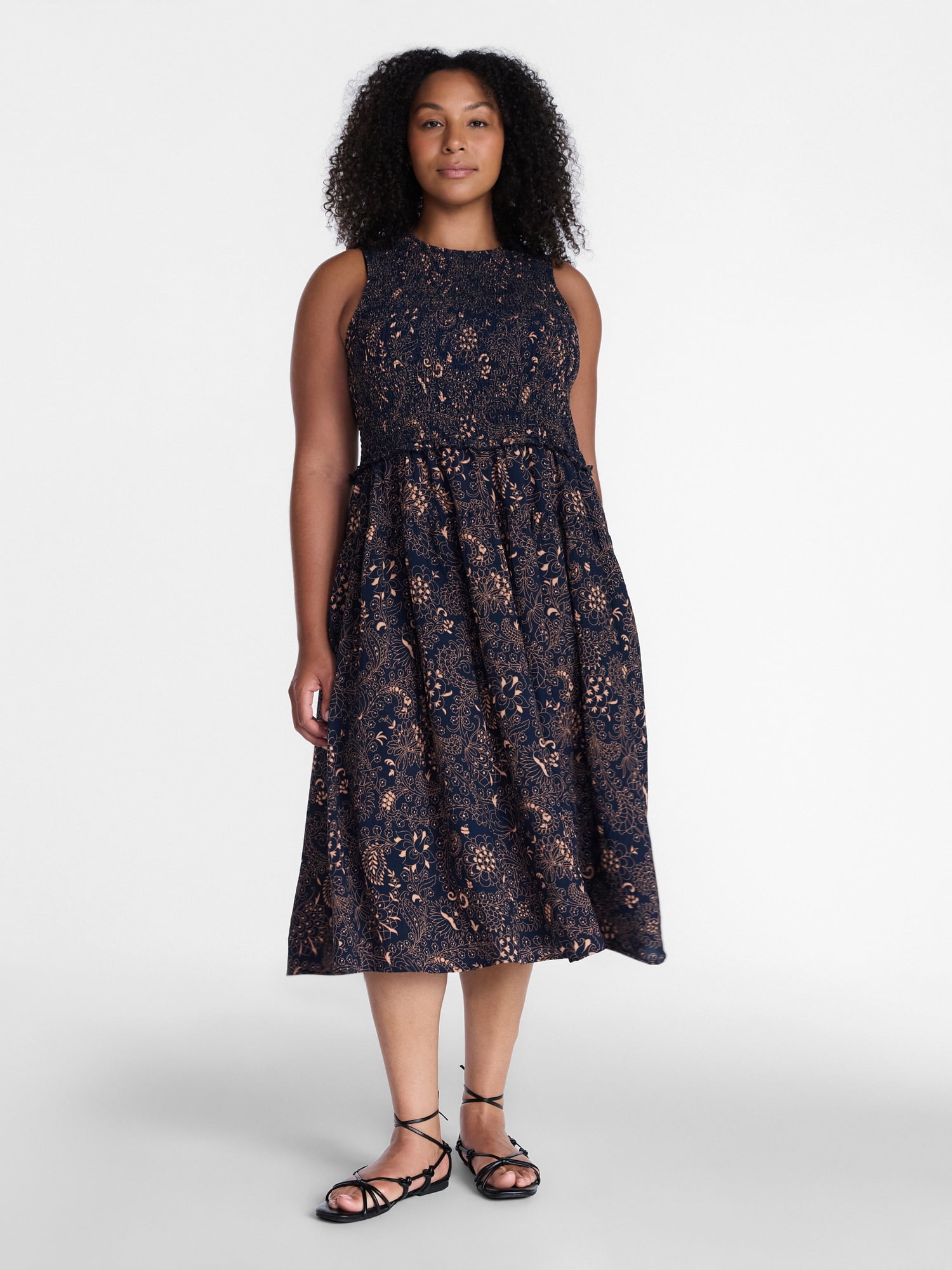 Time and Tru Women's Tiered Skirt Ruffle Smocked Midi Dress, Sizes XS-4X