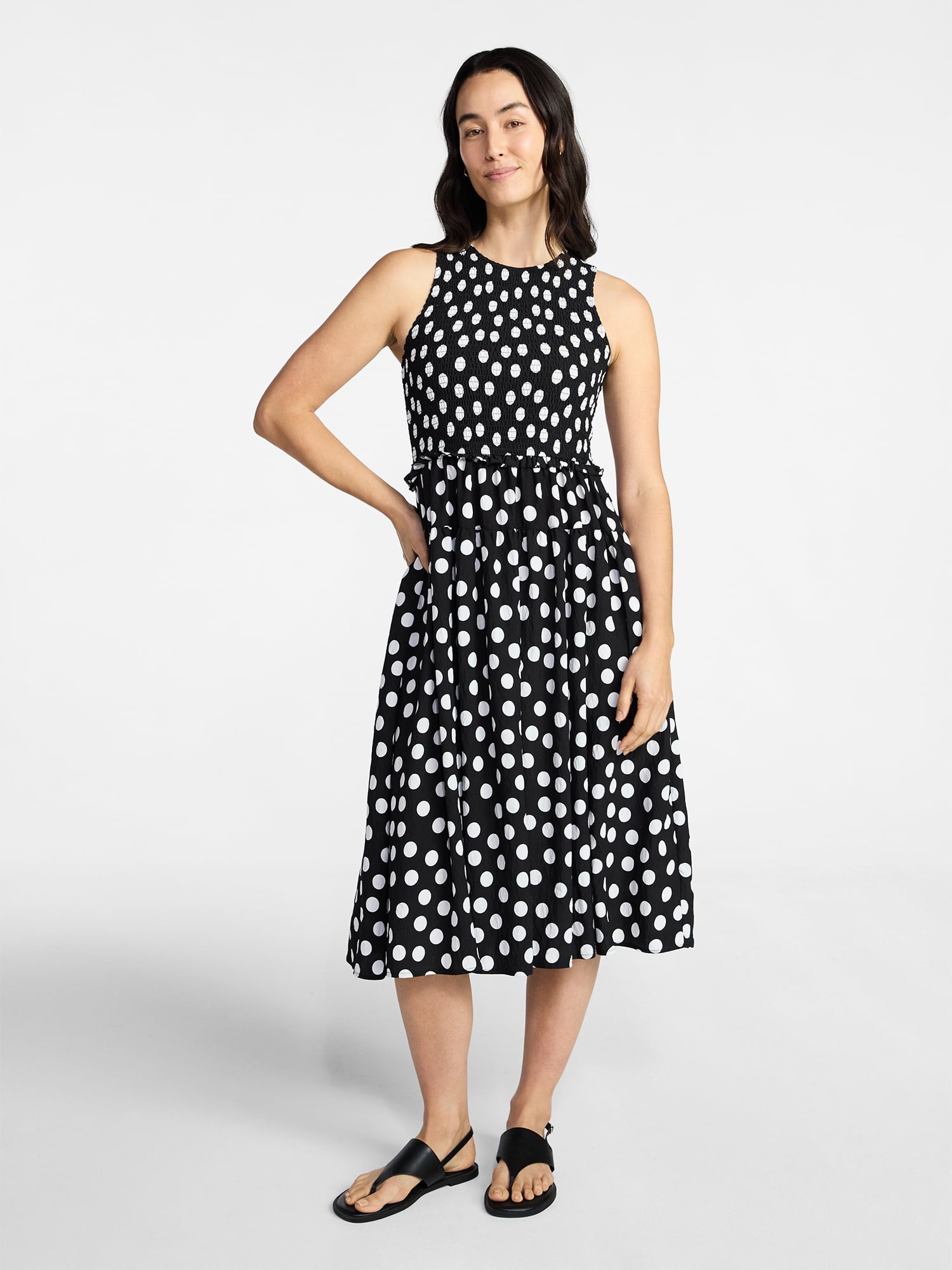 Time and Tru Women's Tiered Skirt Ruffle Smocked Midi Dress, Sizes XS-4X
