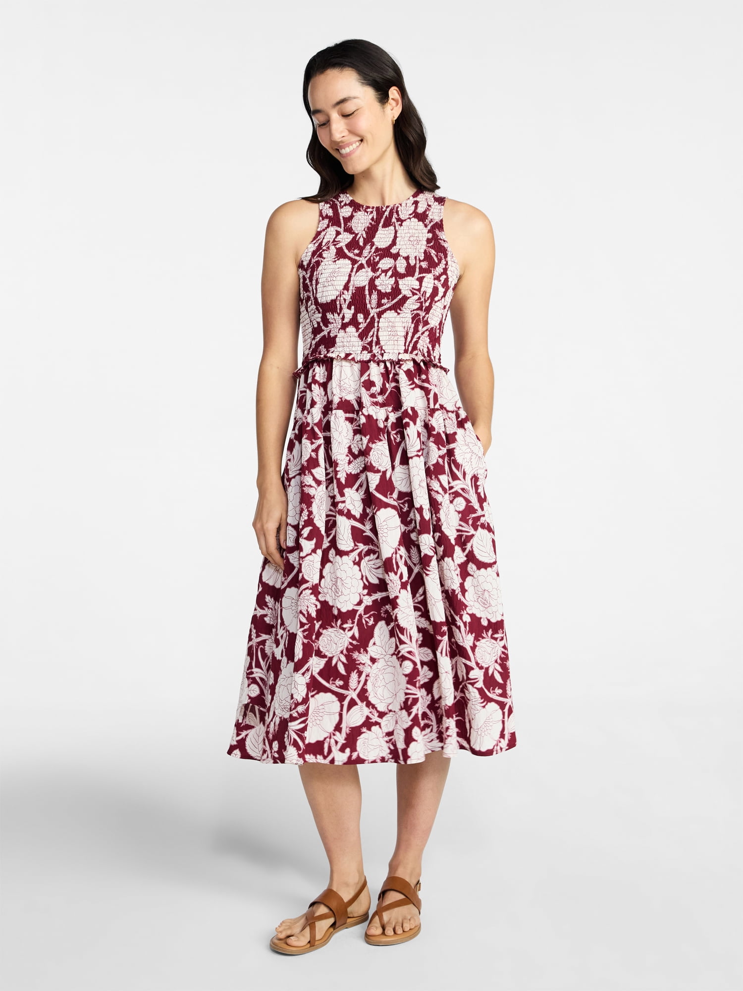 Time and Tru Women's Tiered Skirt Ruffle Smocked Midi Dress, Sizes XS-4X