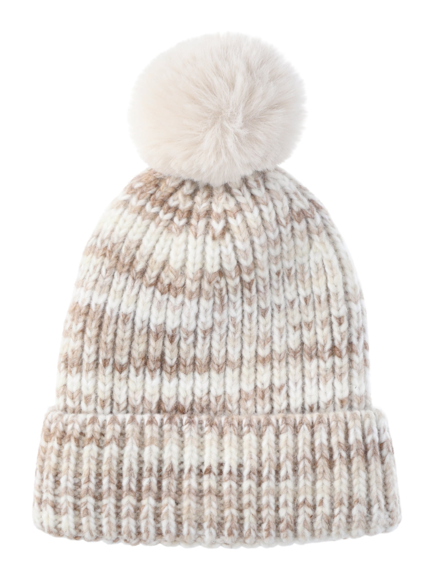 Time and Tru Women's Space Dye Pom Winter Beanie, White Combo