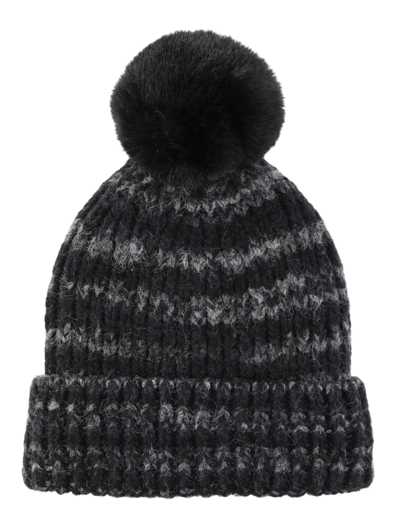 Time and Tru Women's Space Dye Pom Winter Beanie, Black Combo