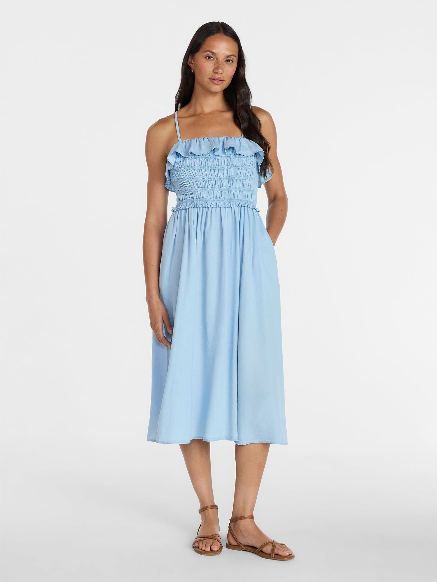 Time and Tru Women's Sleeveless Smocked Midi Dress, Sizes Xs-xxxl Time and Tru Women's Sleeveless Smocked Midi Dress, Sizes Xs-xxxl
