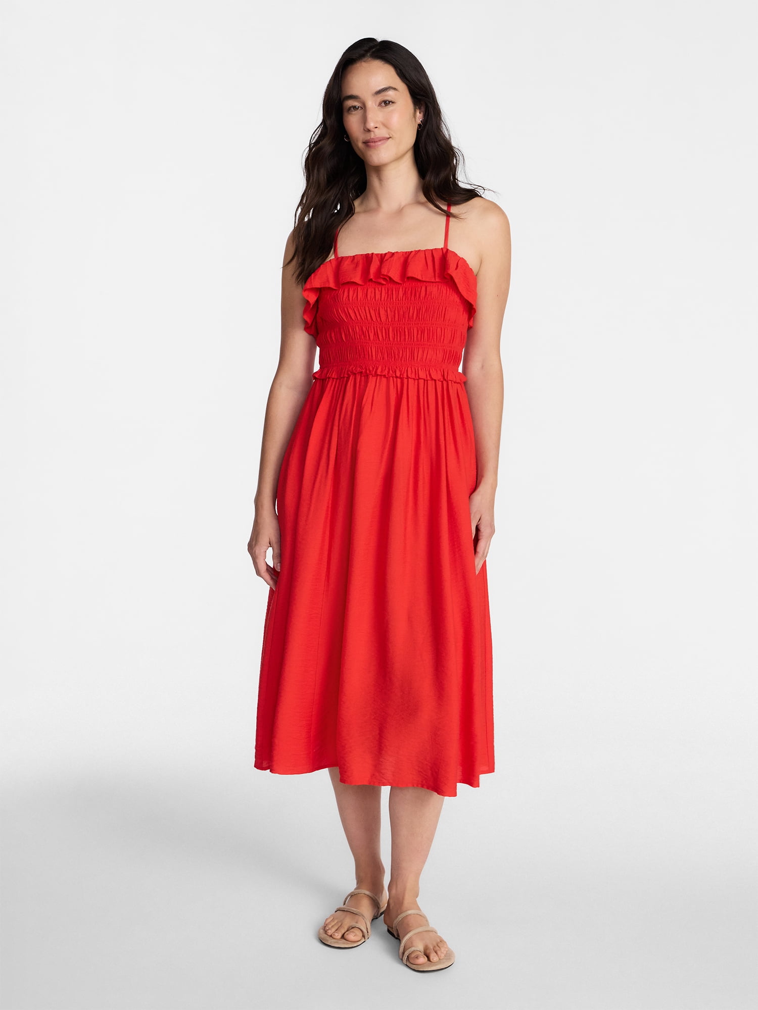 Time and Tru Women's Sleeveless Smocked Midi Dress, Sizes XS-XXXL