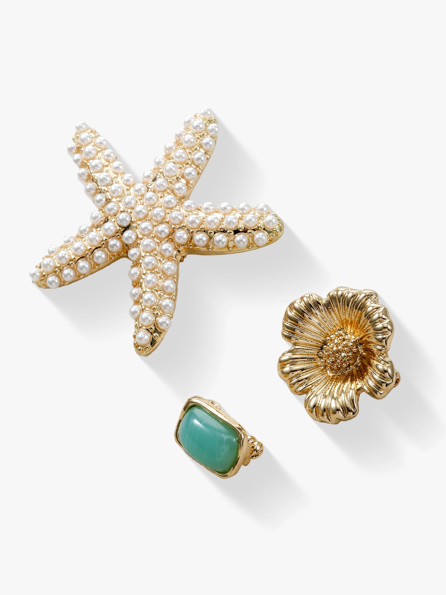 Time and Tru Starfish, Flower & Green Stone Brooch/Charm Set
