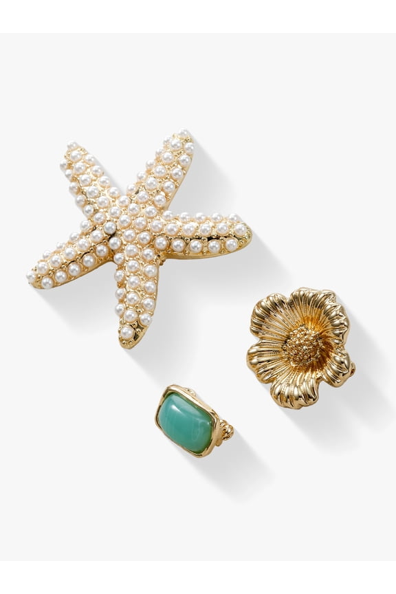 Starfish, Flower & Green Stone Brooch/Charm Set