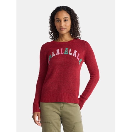 Time and Tru Women's and Women's Plus Holiday Talking Sweater with Long Sleeves, Midweight, Sizes XS-4X