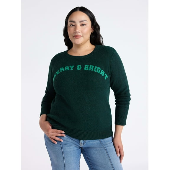 Time and Tru Women's and Women's Plus Holiday Talking Sweater with Long Sleeves, Midweight, Sizes XS-4X