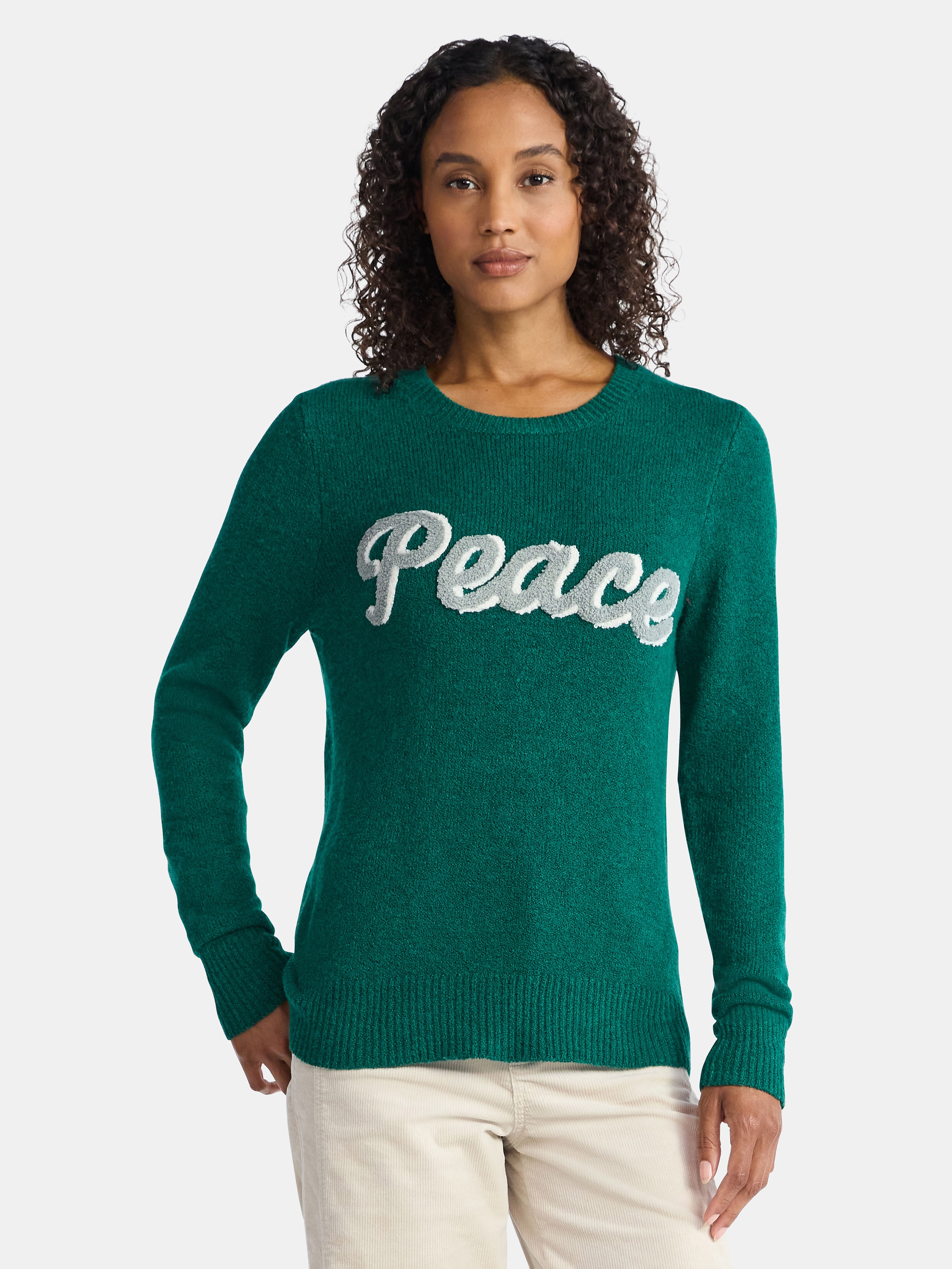 Time and Tru Women's and Women's Plus Holiday Talking Sweater with Long Sleeves, Midweight, Sizes XS-4X