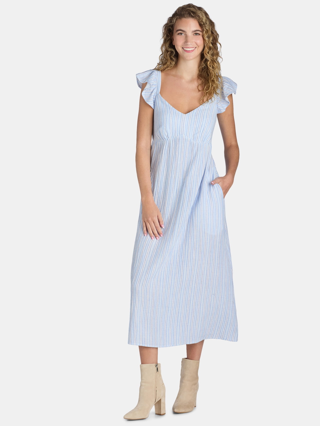 Time And Tru Women's and Women's Plus Midi Dress with Flutter Sleeves, Sizes XS-4X