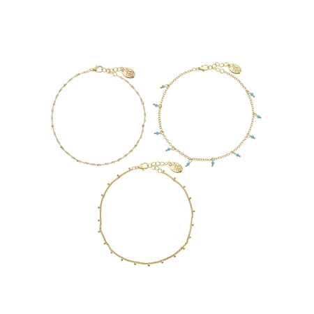 Time and Tru Turquoise Layered Anklet Set, Fashion Jewelry, Goldtone, 3 Pieces, 9.5 in, withExtender