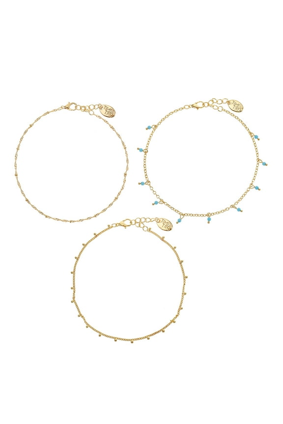 Turquoise Layered Anklet Set, Fashion Jewelry, Goldtone, 3 Pieces, 9.5 in, withExtender