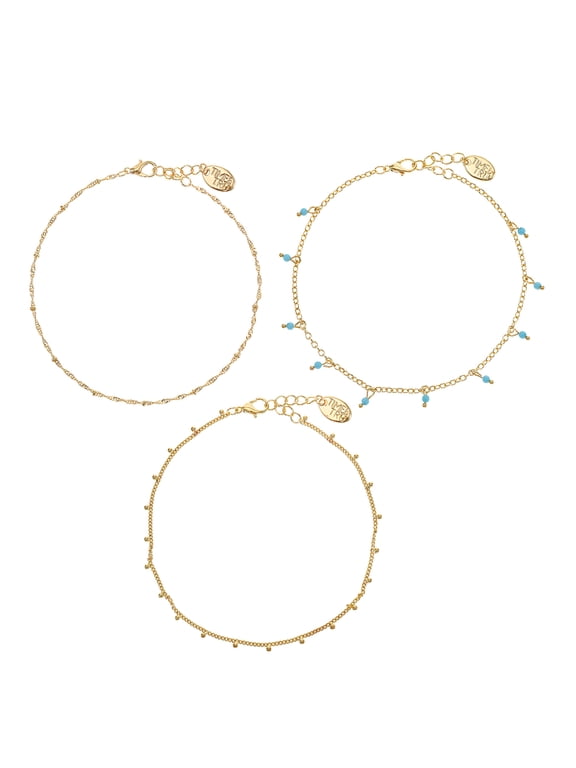 Turquoise Layered Anklet Set, Fashion Jewelry, Goldtone, 3 Pieces, 9.5 in, withExtender