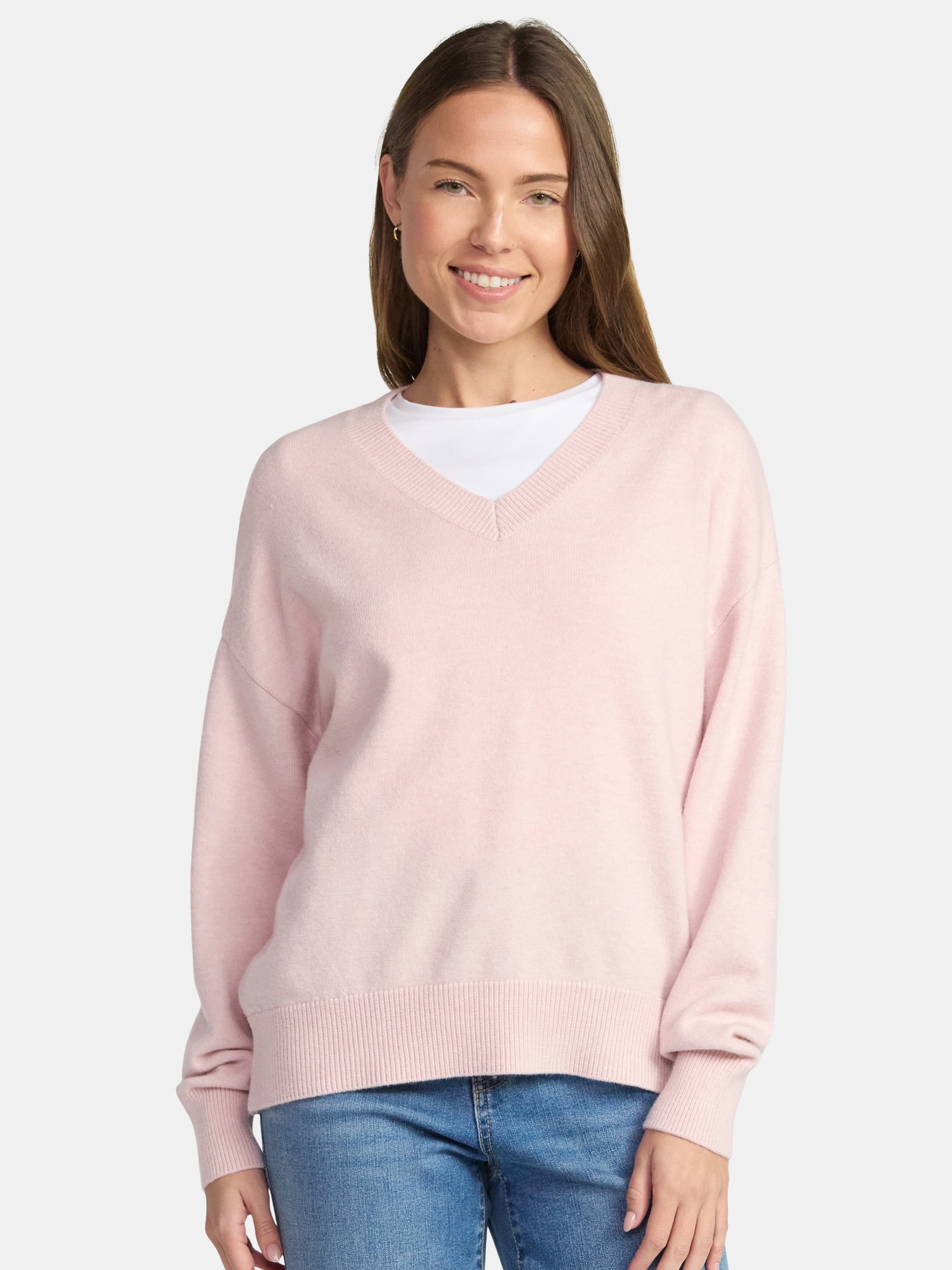 Time and Tru Women's V Neck Pullover Sweater, Lightweight, Sizes XS-XXXL