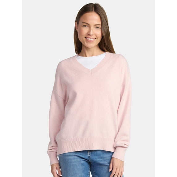 Time and Tru Women's V Neck Pullover Sweater, Lightweight, Sizes XS-XXXL