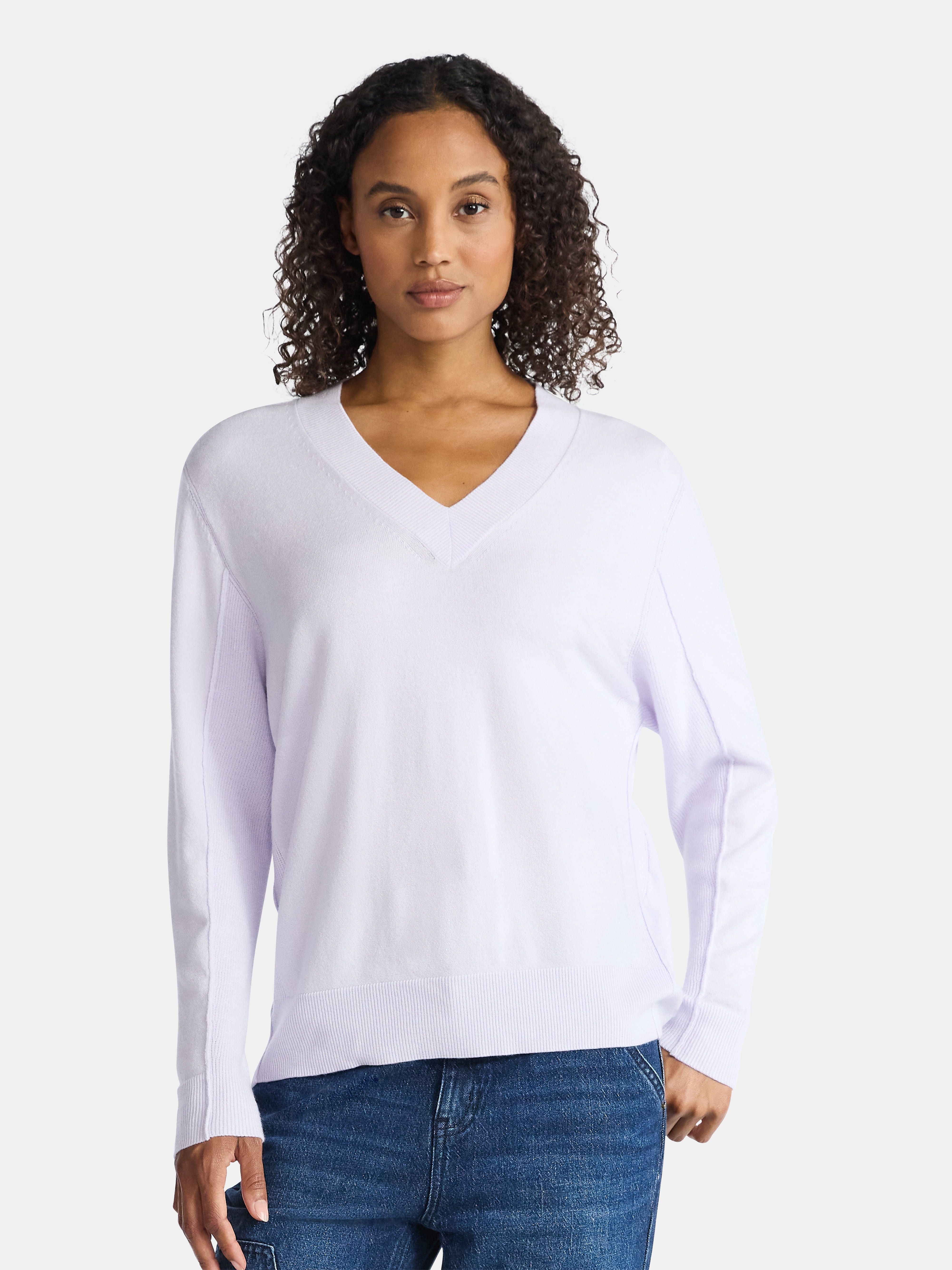 Time and Tru Women's Ribbed Panel V-Neck Sweater with Long Sleeves, Midweight, Sizes XS-XXXL