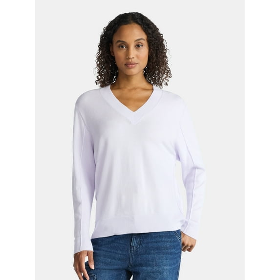 Time and Tru Women's Ribbed Panel V-Neck Sweater with Long Sleeves, Midweight, Sizes XS-XXXL