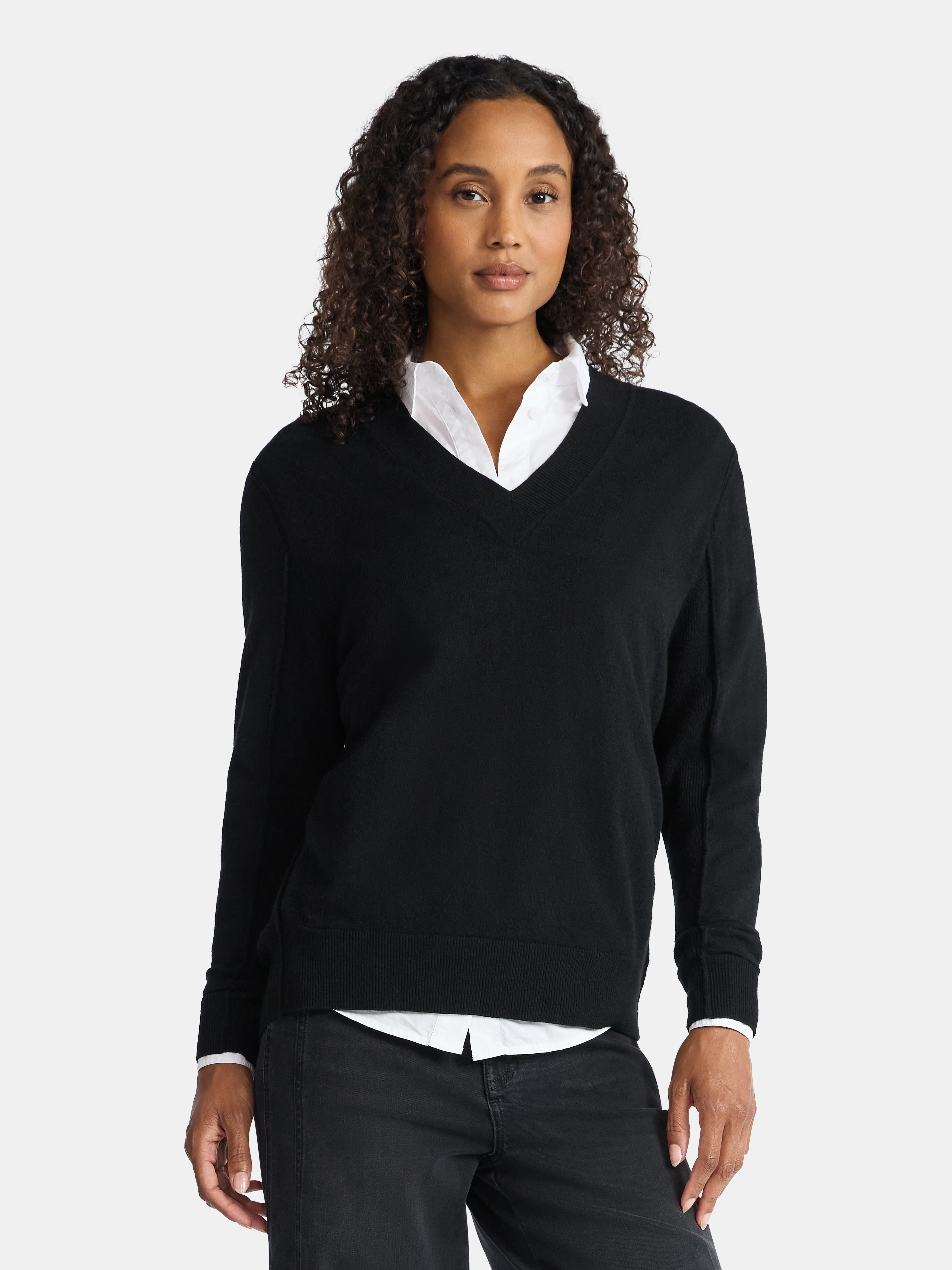Time and Tru Women's Ribbed Panel V-Neck Sweater with Long Sleeves, Midweight, Sizes XS-XXXL