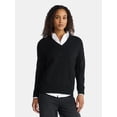 thumbnail image 1 of Time and Tru Women's Ribbed Panel V-Neck Sweater with Long Sleeves, Midweight, Sizes XS-XXXL, 1 of 5