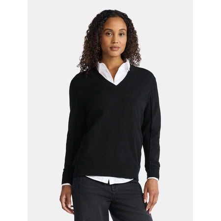 Time and Tru Women's Ribbed Panel V-Neck Sweater with Long Sleeves, Midweight, Sizes XS-XXXL