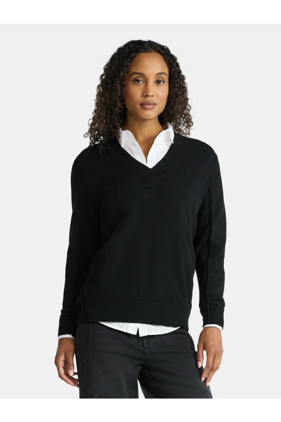 Women's Ribbed Panel V-Neck Sweater with Long Sleeves, Midweight, Sizes XS-XXXL