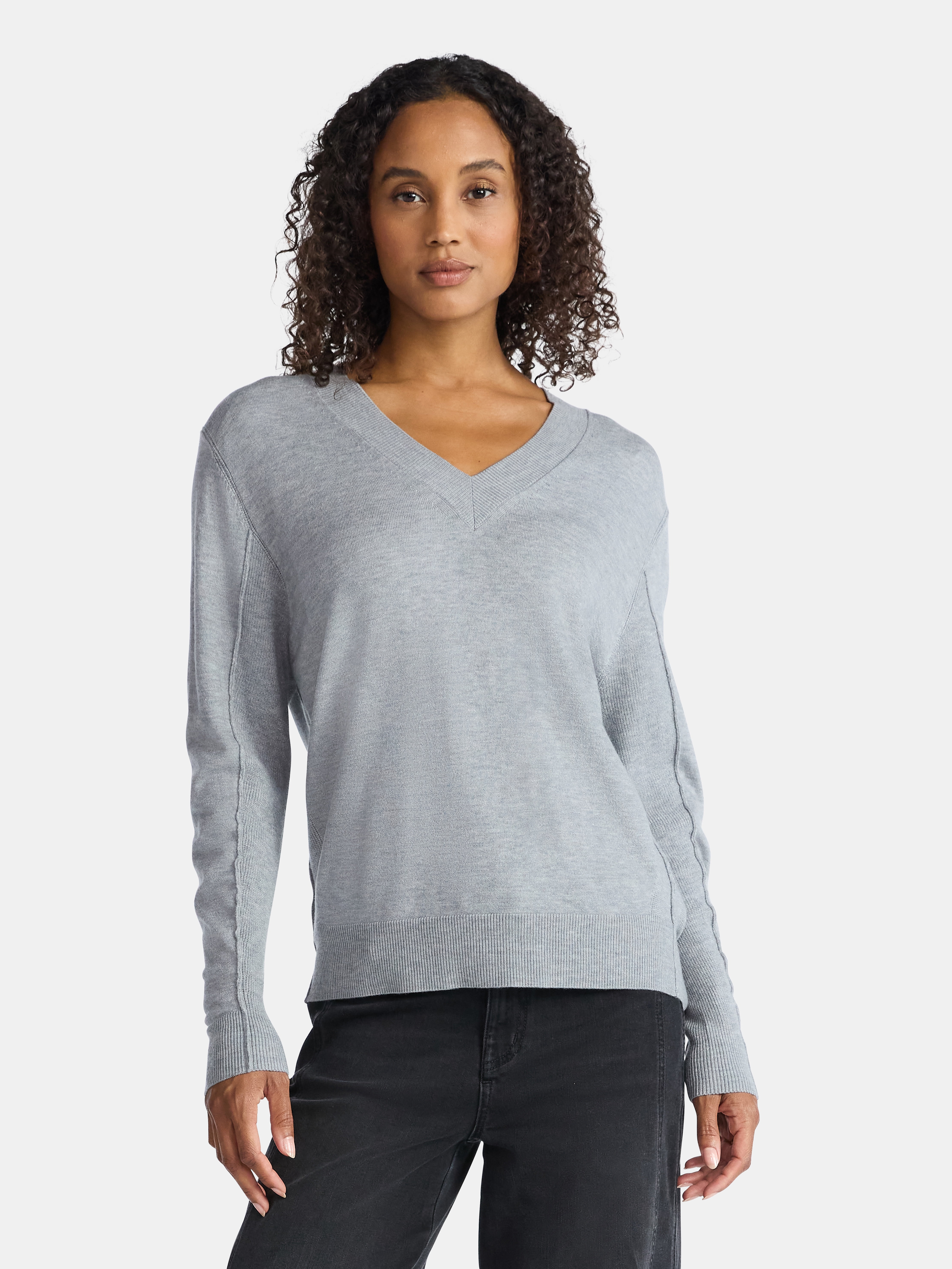 Time and Tru Women's Ribbed Panel V-Neck Sweater with Long Sleeves, Midweight, Sizes XS-XXXL
