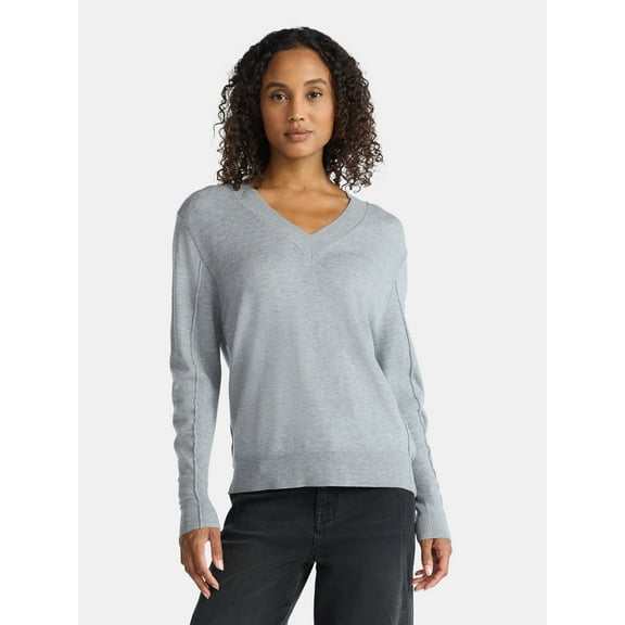 Time and Tru Women's Ribbed Panel V-Neck Sweater with Long Sleeves, Midweight, Sizes XS-XXXL