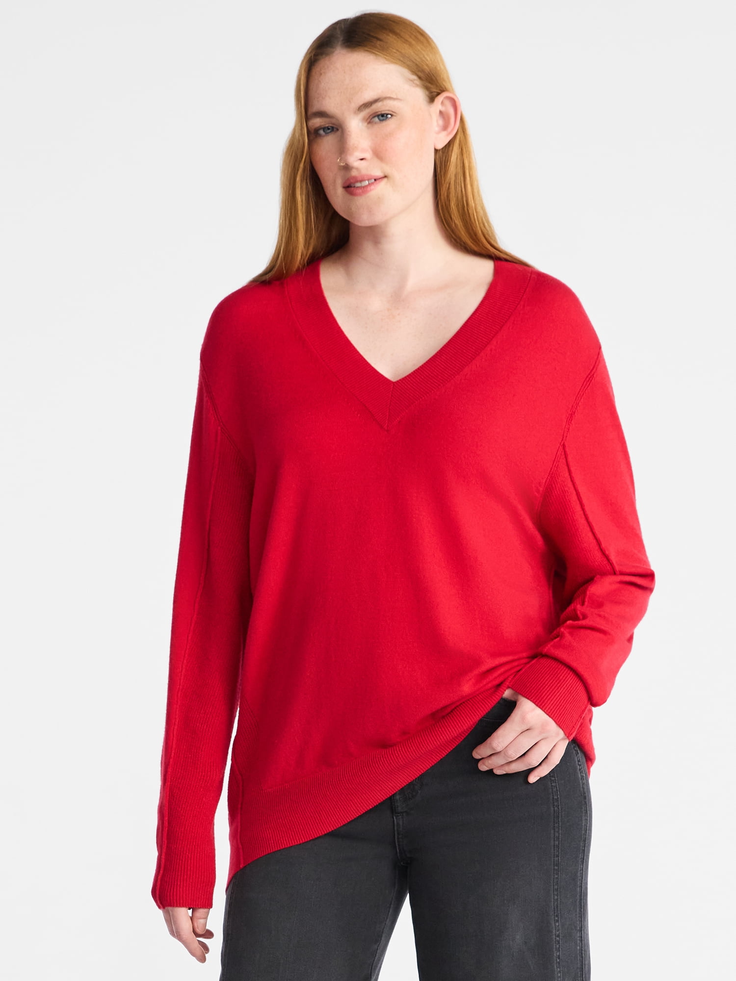 Time and Tru Women's Ribbed Panel V-Neck Sweater with Long Sleeves, Midweight, Sizes XS-XXXL