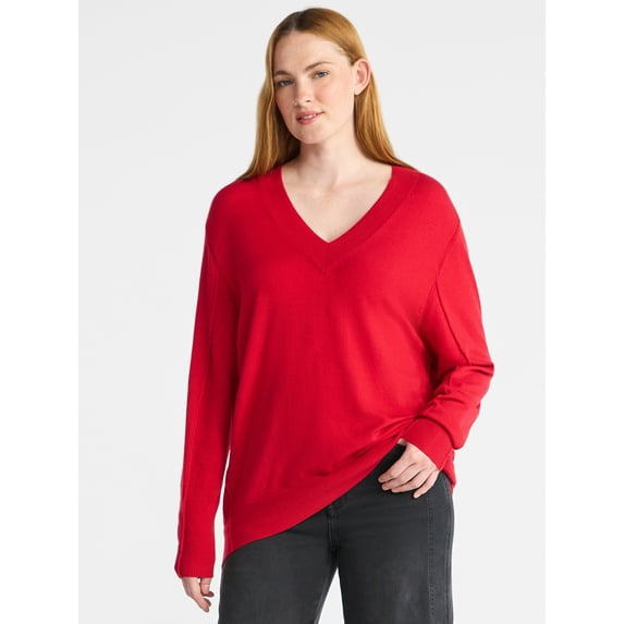Time and Tru Women's Ribbed Panel V-Neck Sweater with Long Sleeves, Midweight, Sizes XS-XXXL