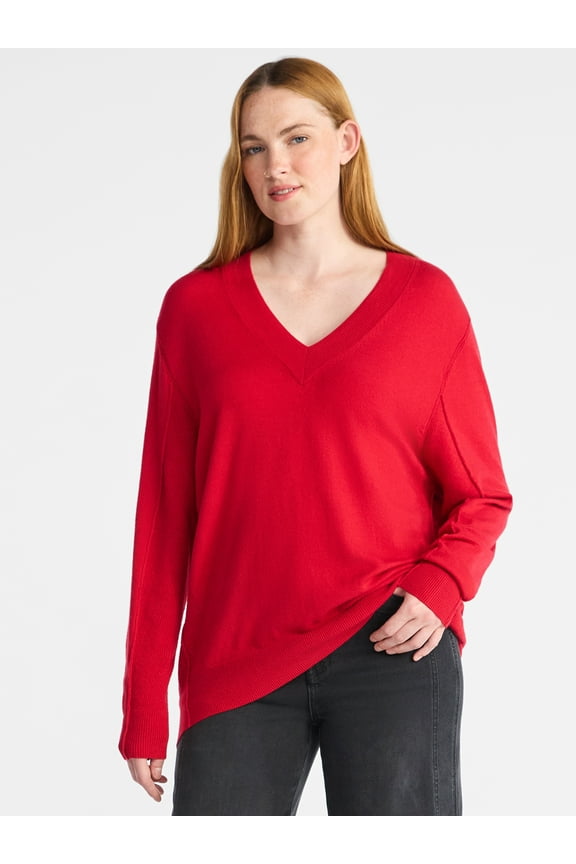 Women's Ribbed Panel V-Neck Sweater with Long Sleeves, Midweight, Sizes XS-XXXL