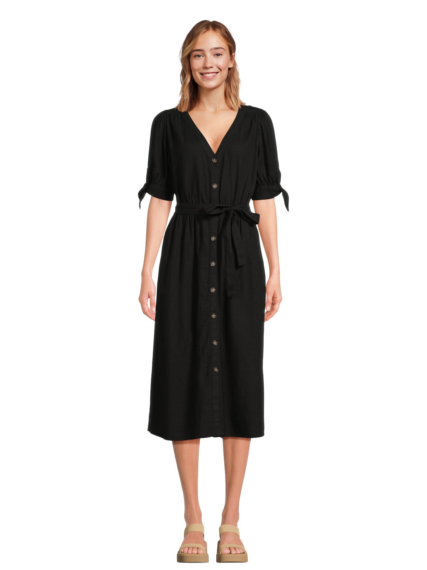 Time and Tru Women's and Women's Plus Tie Sleeve Linen Blend Midi