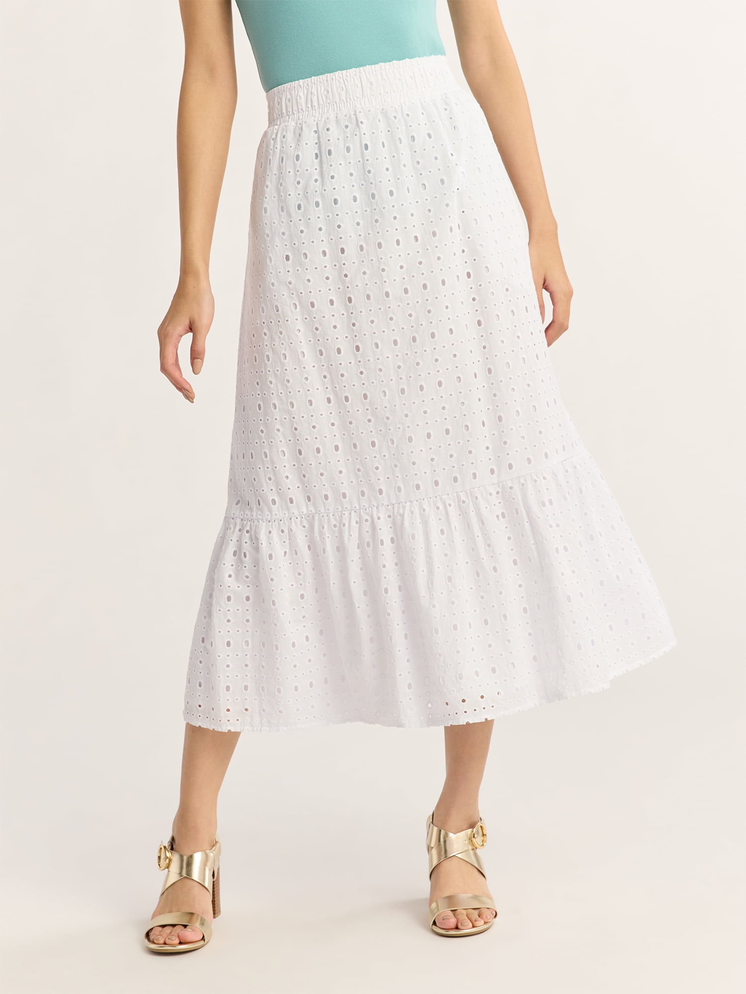 Time and Tru Woman's Cotton Eyelet Tiered Midi Skirt with Elastic Waistband, Sizes XS-XXXL