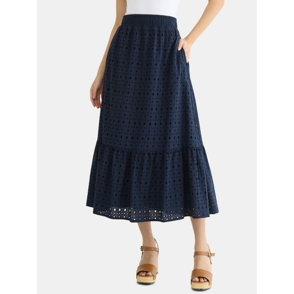 Time and Tru Woman's Cotton Eyelet Tiered Midi Skirt with Elastic Waistband, Sizes XS-XXXL