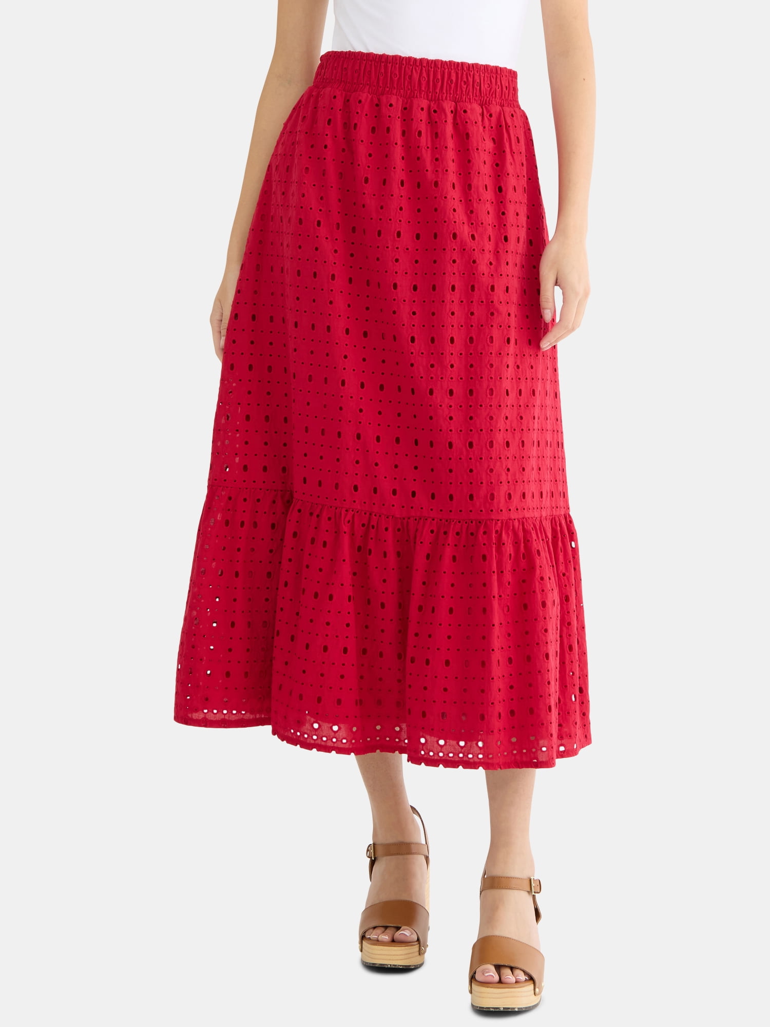Time and Tru Woman's Cotton Eyelet Tiered Midi Skirt with Elastic Waistband, Sizes XS-XXXL