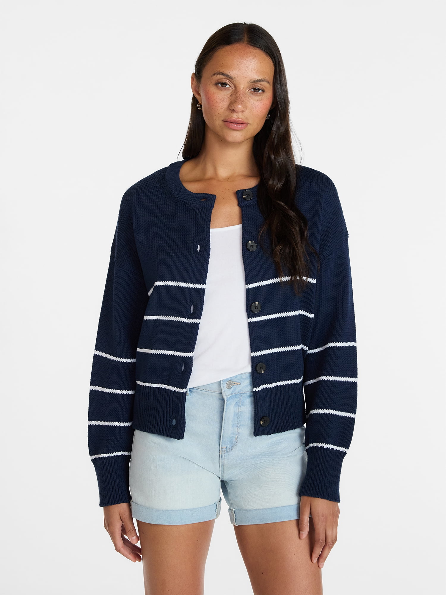 Time and Tru Women's Striped Cardigan Sweater with Long Sleeves, Sizes XS-XXXL
