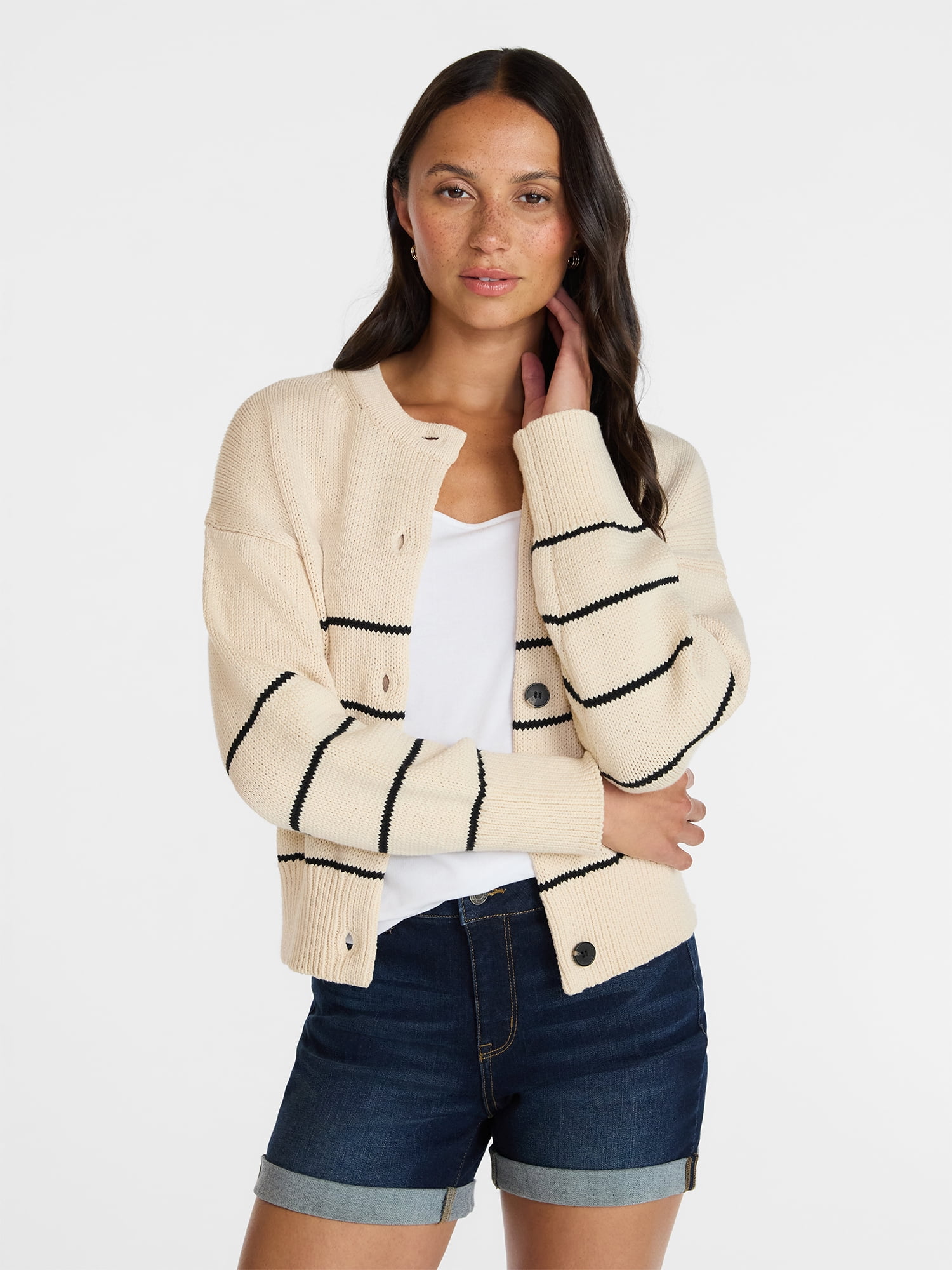 Time and Tru Women's Striped Cardigan Sweater with Long Sleeves, Sizes XS-XXXL