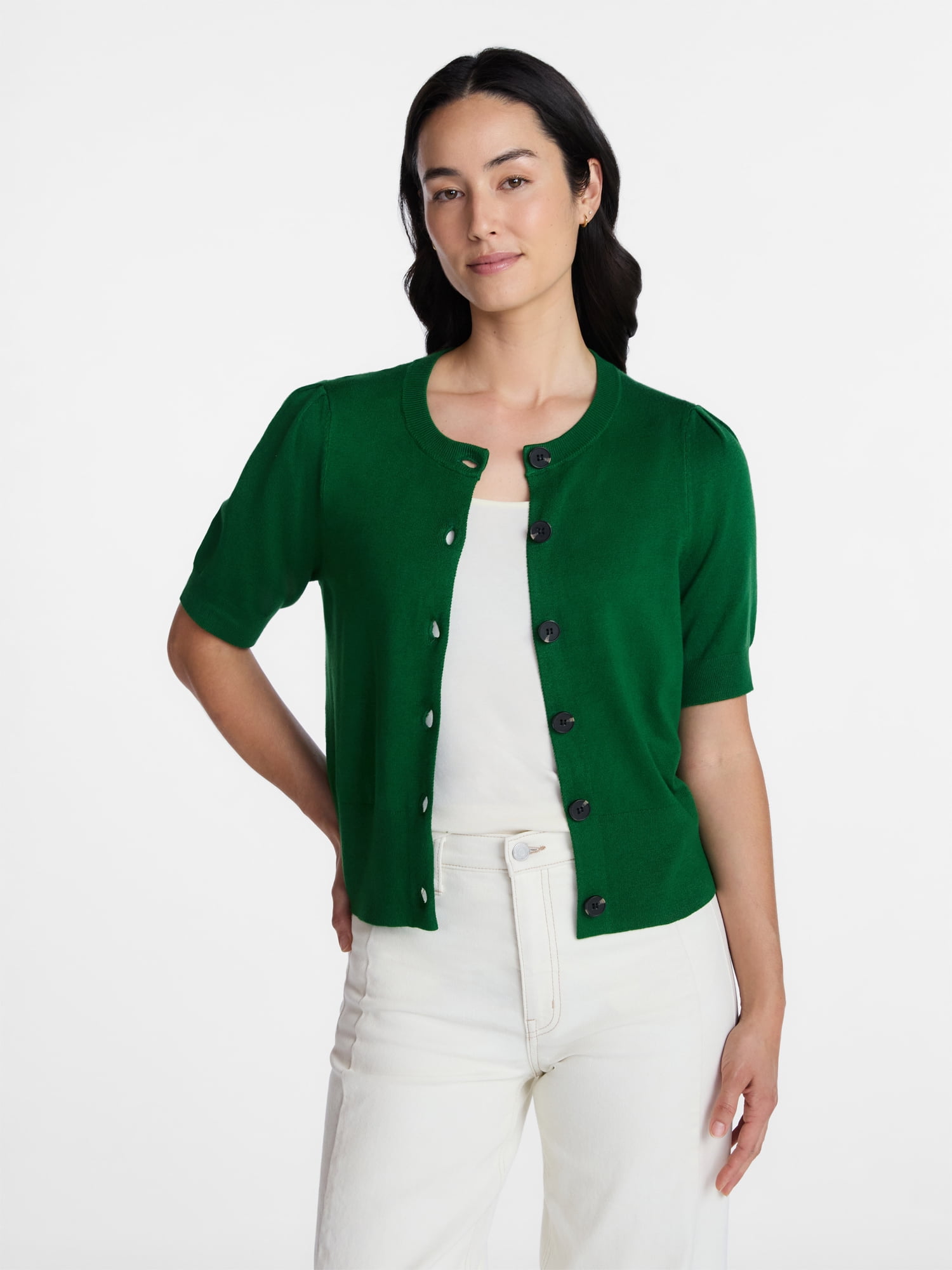 Time and Tru Woman's Crew Cardigan with Short Sleeves, Sizes XS-XXXL