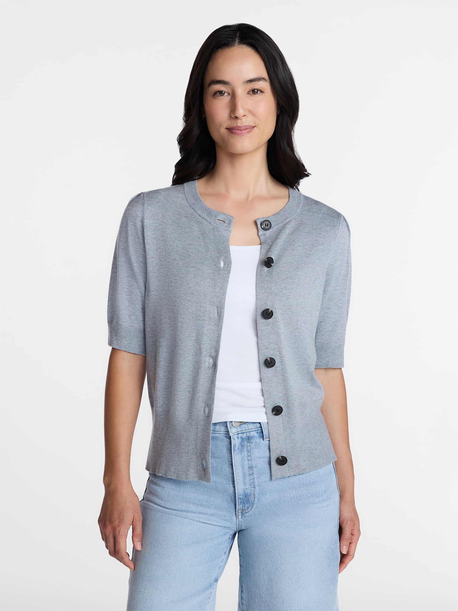 Time and Tru Woman's Crew Cardigan with Short Sleeves, Sizes XS-XXXL