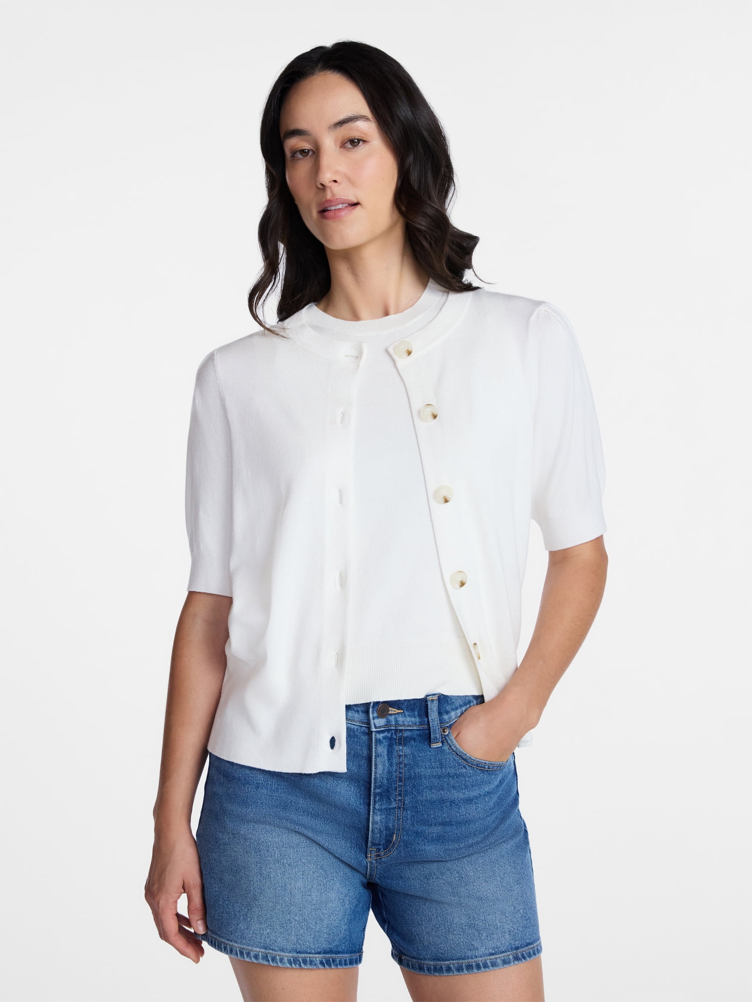 Time and Tru Woman's Crew Cardigan with Short Sleeves, Sizes XS-XXXL