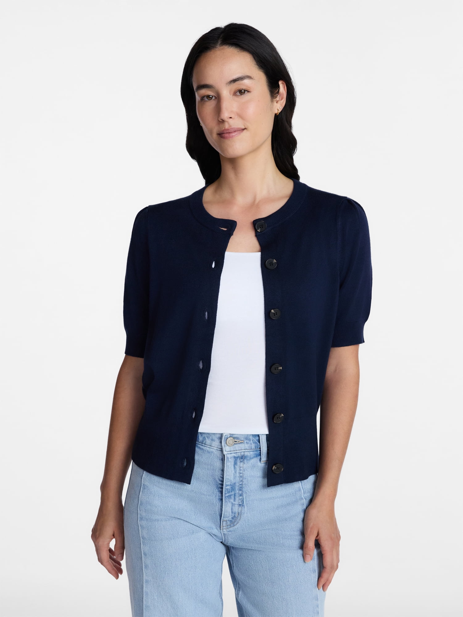 Time and Tru Women's Crewneck Cardigan with Short Sleeves, Lightweight, Sizes XS-XXXL