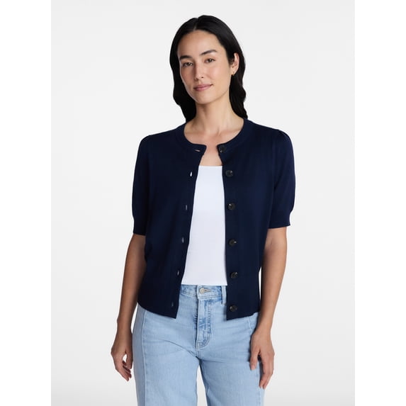 Time and Tru Women's Crewneck Cardigan with Short Sleeves, Lightweight, Sizes XS-XXXL