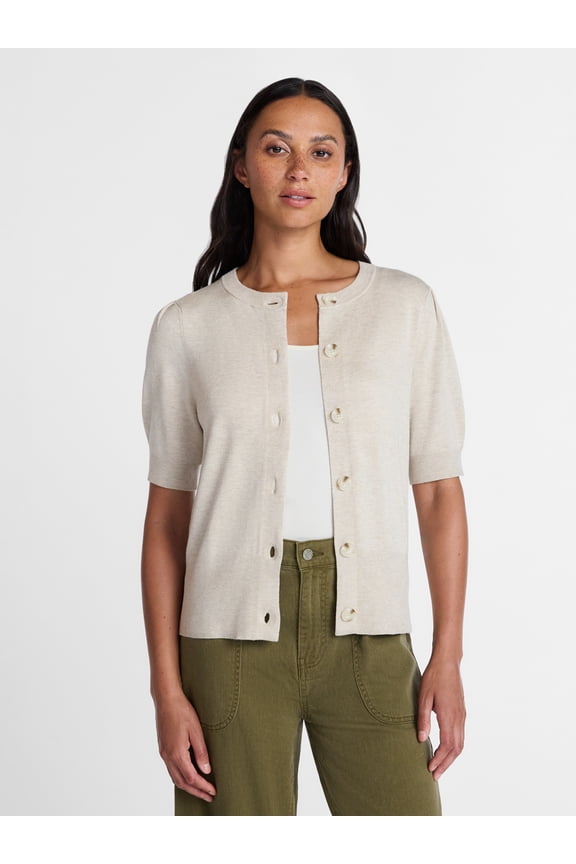 Women's Crewneck Cardigan with Short Sleeves, Lightweight, Sizes XS-XXXL