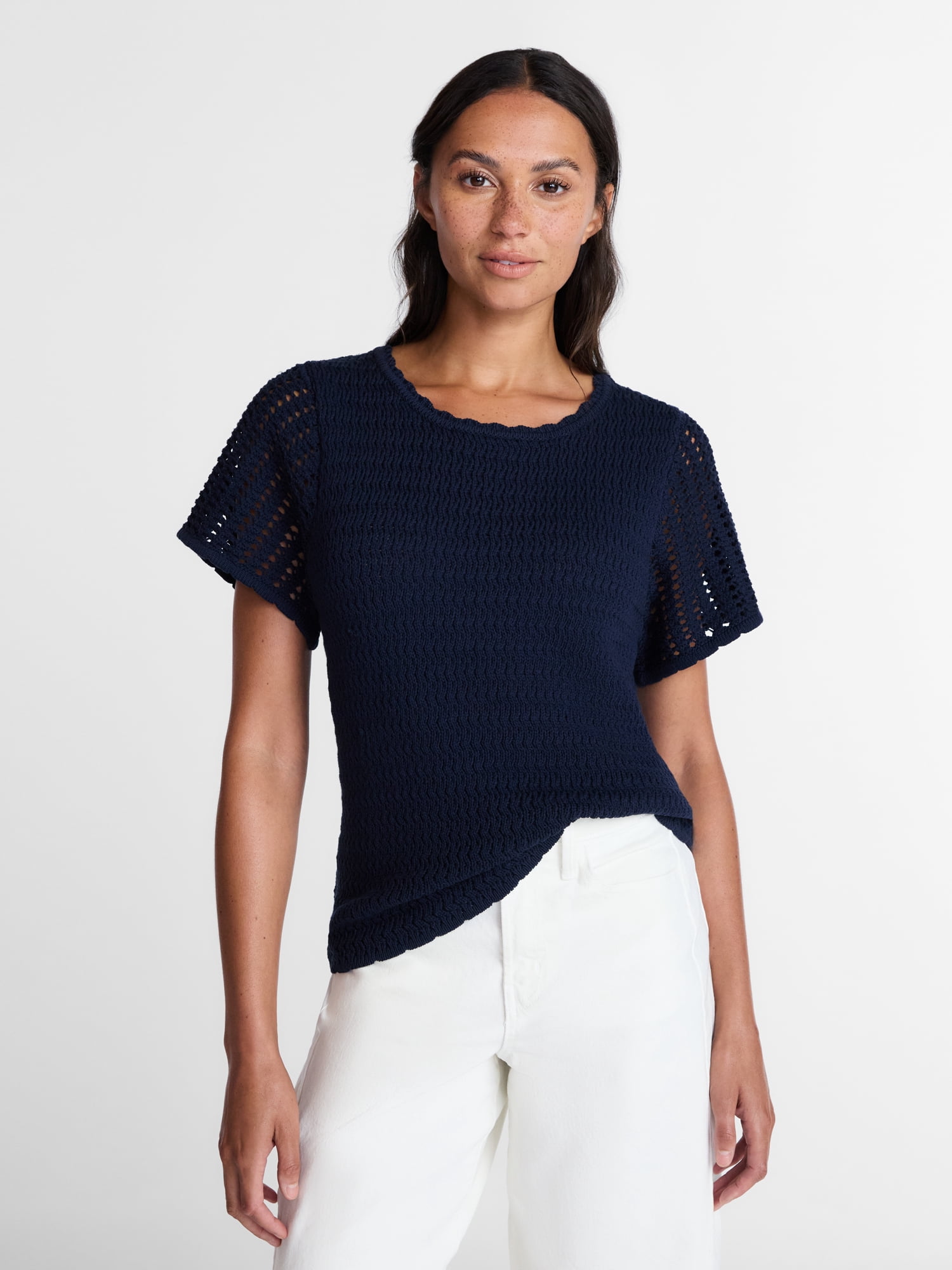 Time and Tru Women's Textured Crewneck Sweater with Short Sleeves, Lightweight, Sizes XS-XXXL