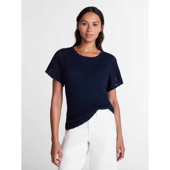 Time and Tru Women's Textured Crewneck Sweater with Short Sleeves, Lightweight, Sizes XS-XXXL